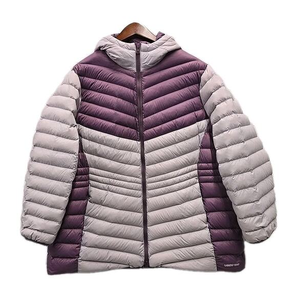 Lands End Womens Down Puffer Coat Sz 2X Hooded Purple Colorblock Quilted - Picture 1 of 10